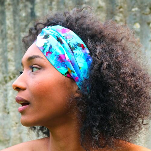 Headband ESTHER / coton imprimé turquoise et mauve