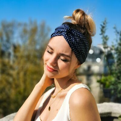 Headband OLIVIA / Coton marine à pois blanc