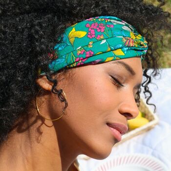 Headband SABRINA / coton bio imprimé vert fleurs multicolores 4