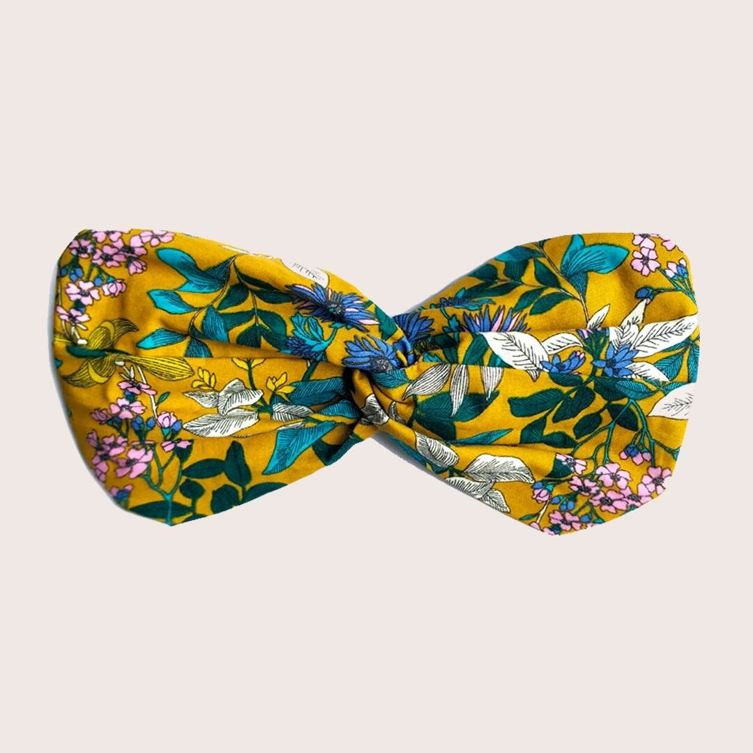 Fascia per capelli SERENA / stampa floreale in cotone biologico ocra