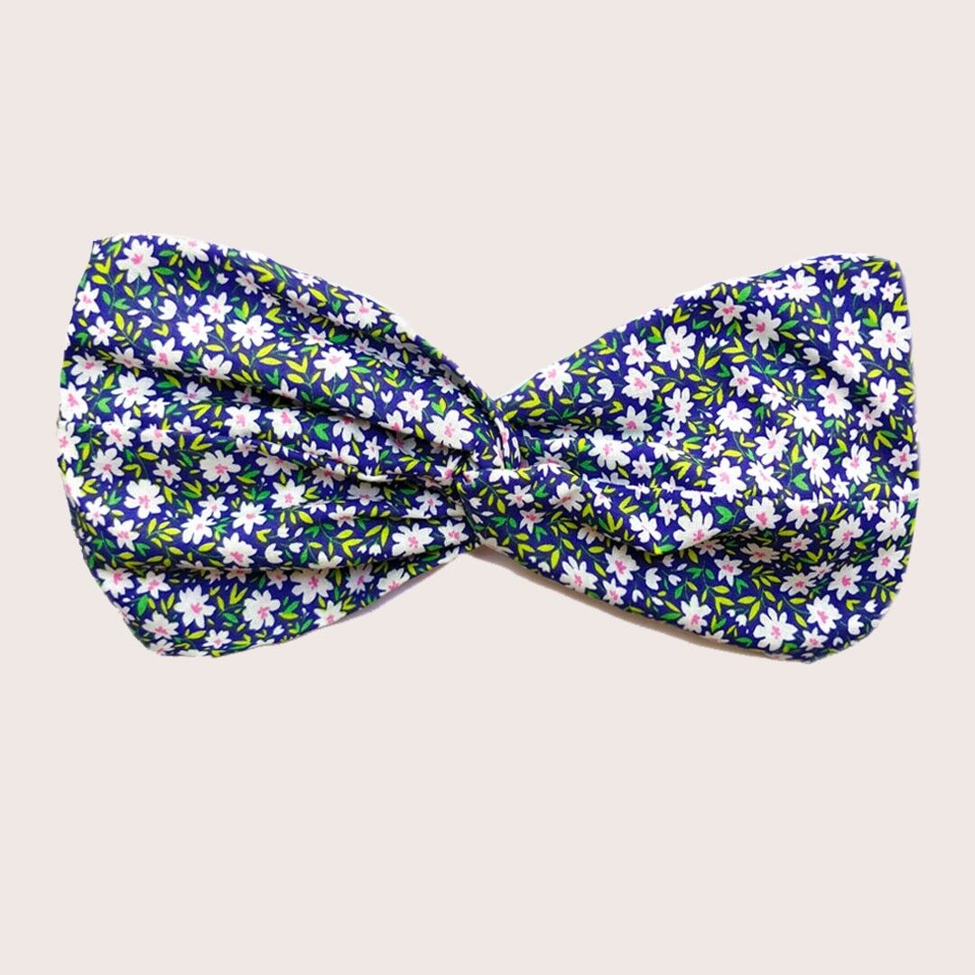 Headband SOPHIA / coton bleu à fleurs blanches