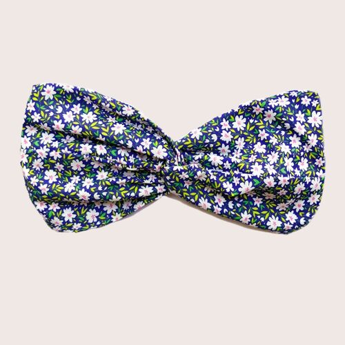 Headband SOPHIA / coton bleu à fleurs blanches