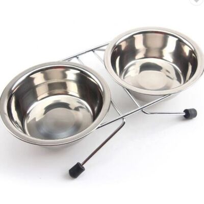 Double stainless steel dog bowls in a bowl stand for large dogs S