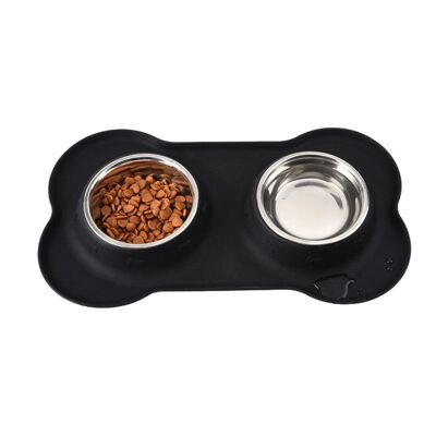 Double stainless steel bowl with non-slip silicone base - black