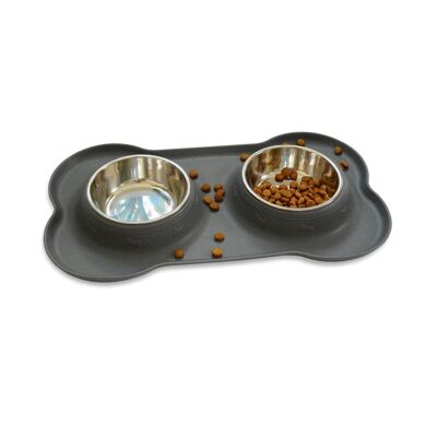Double stainless steel bowl with non-slip silicone base - gray