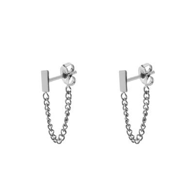 Stud earrings chain bar - silver
