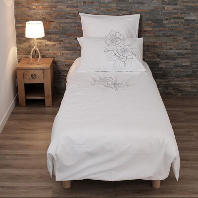 Housse de couette blanche percale hellébore brodée grise 140x200cm