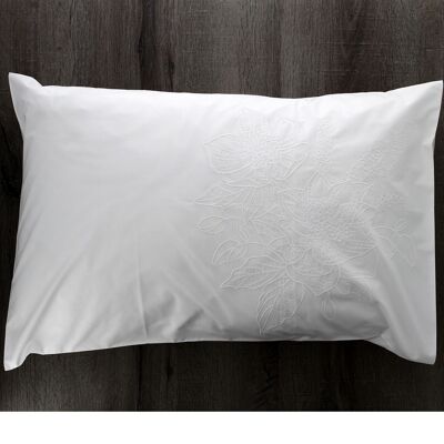 Taie d'oreiller blanche percale hellébore brodée blanche 50x70cm