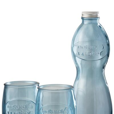 caja botella + 2 vasos natural water vidrio azul claro