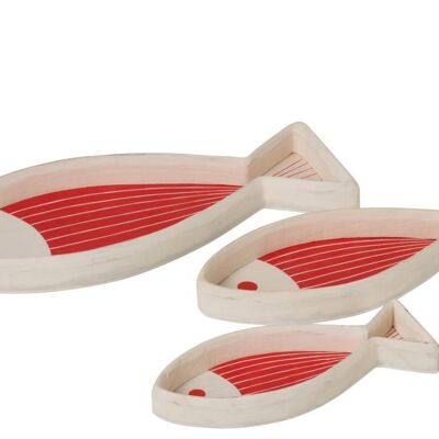 set de 3 bandejas peces madera blanco/rojo