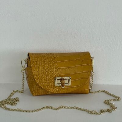 Sac à bandoulière en cuir croco jaune moutarde Lucy