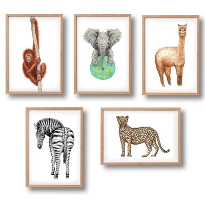 5 posters jungle animals - A4 size - kids room / baby nursery