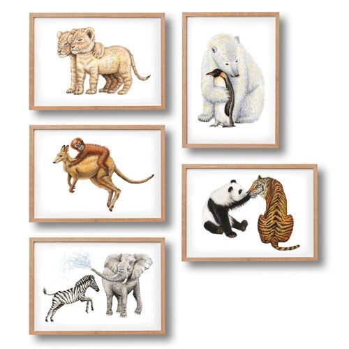 5 posters animal friends - A4 size - kids room / baby nursery