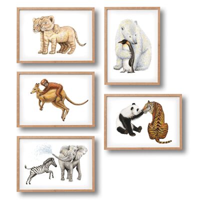 5 carteles amigos animales - tamaño A4 - habitación para niños / guardería para bebés