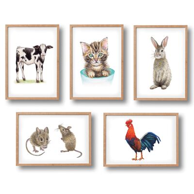 5 affiches animaux de la ferme - format A4 - chambre enfants / crèche bébé