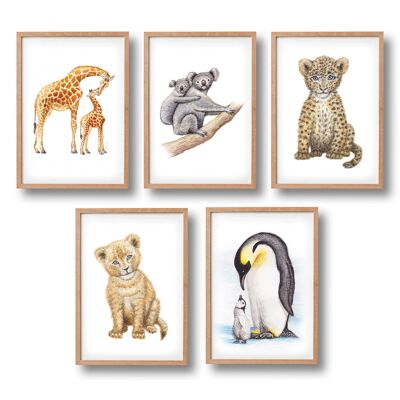 5 Poster Tierbabys - A4-Format - Kinderzimmer / Babyzimmer