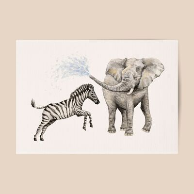 Poster elephant and zebra - A4 or A3 size - kids room / baby nursery