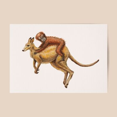 Poster kangaroo and monkey - A4 or A3 size - kids room / baby nursery