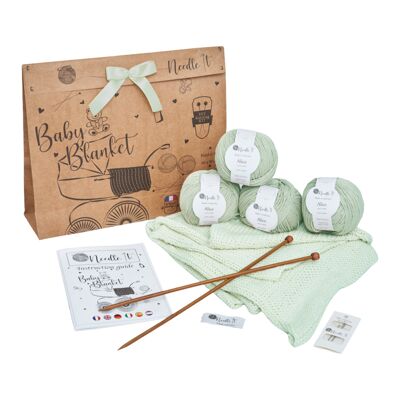 NEEDLE IT - Kit de tricot pour couverture de bébé 100% coton - Kit complet pour débutant avec aiguilles à tricoter - Idée Cadeau (Menthe)