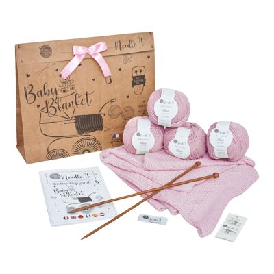 NEEDLE IT - Kit de tricot pour couverture de bébé 100% coton - Kit complet pour débutant avec aiguilles à tricoter - Idée Cadeau (Rose)