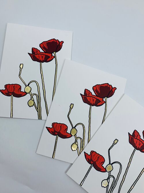 A6 Greetings Card Red Poppies with Gold Foil Stems