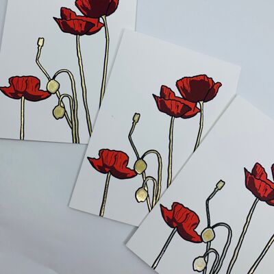 A6 Greetings Card Red Poppies with Gold Foil Stems