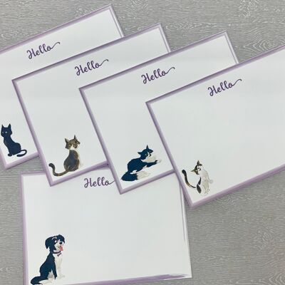 Lilac Lined Border Hello Cards, 10 Animal A6 Postcards with Envelopes