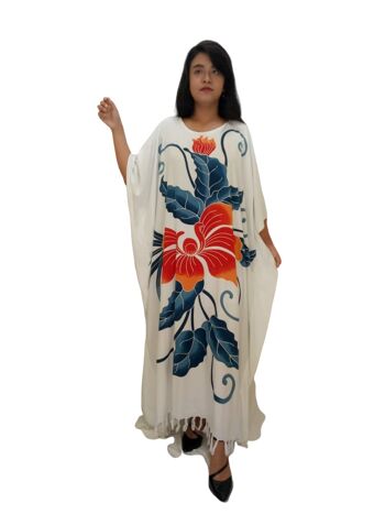 Orchidée Bleue Belle Fleur Peinte À La Main Noire Robe Longue Caftan Buttersoft - blanc