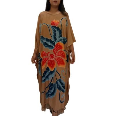 Blue Orchid Beautiful Black Hand Painted Flower Buttersoft Long Kaftan Dress - brown