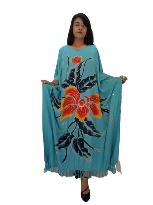 Blue Orchid Beautiful Black Hand Painted Flower Buttersoft Long Kaftan Dress - blue