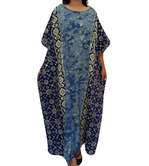 FIJI 100% Cotton Traditional Batik Long Kaftan Dress - blue
