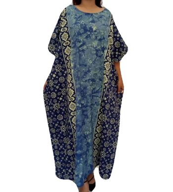 Robe longue caftan traditionnelle en batik FIJI 100% coton - bleu