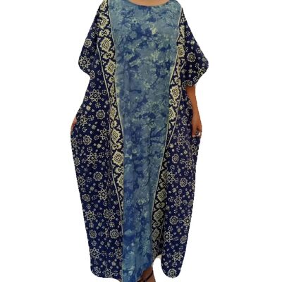 Robe longue caftan traditionnelle en batik FIJI 100% coton - bleu