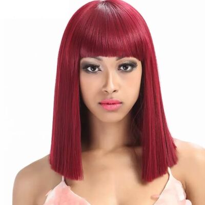 Cherry Red Tone Straight Blunt Cut with Bangs