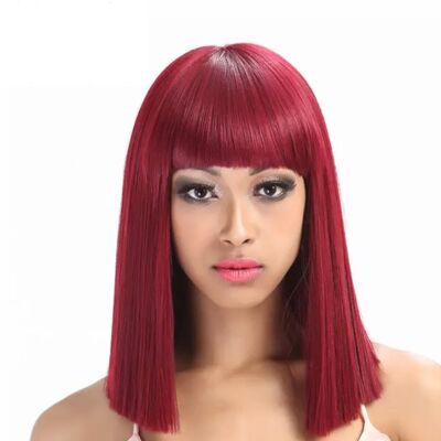 Cherry Red Tone Straight Blunt Cut with Bangs