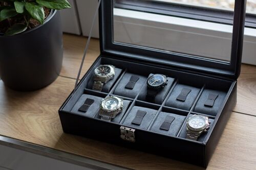 10er Uhrenkoffer, Vollrindleder, schwarz, Infinity Collection
