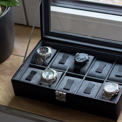 10 watch case, cowhide leather, black, Infinity Collection