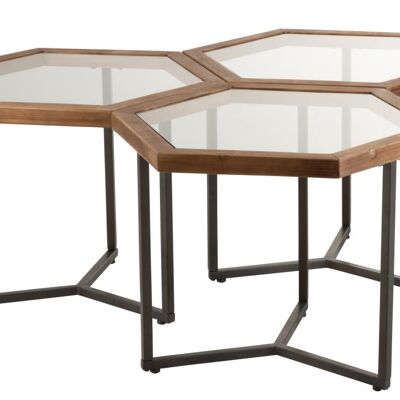 set de 3 mesas auxiliares hexagono vidrio/madera marron