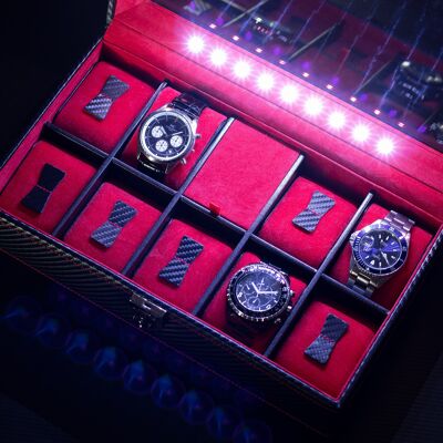 Caja de 9 relojes con iluminación LED, Colección Carbon