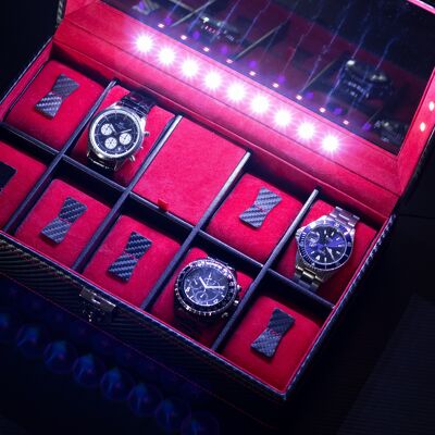 Caja de 9 relojes con iluminación LED, Colección Carbon