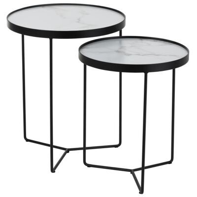 set de 2 mesas auxiliares redondas mdf/hierro negro/blanco marmoleado
