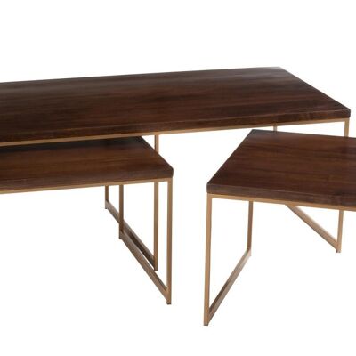mesa de salon rafi 3partes hierro/madera de mango oro/marron oscuro