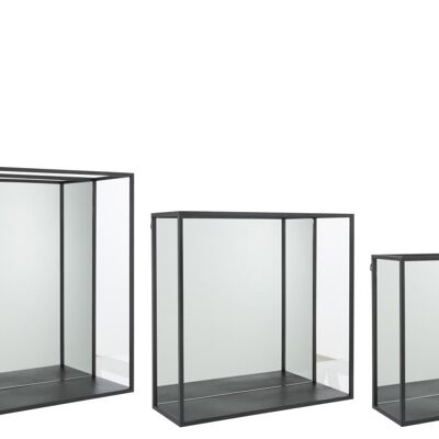 set de 3 estanteria mural espejo cuadrado metal/cristal negro