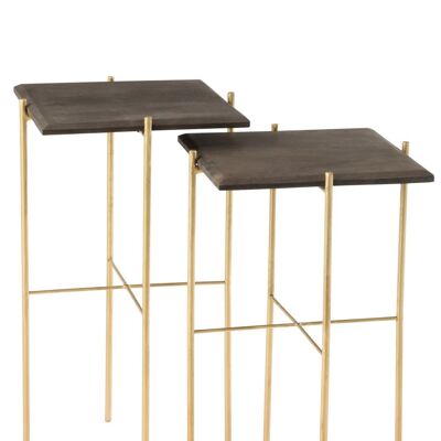 set de 2 mesas auxiliares cuadrado hierro/madera de mango oro/marrón