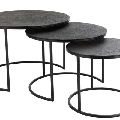 set de 3 mesas auxiliares redondas textura de yute aluminio negro