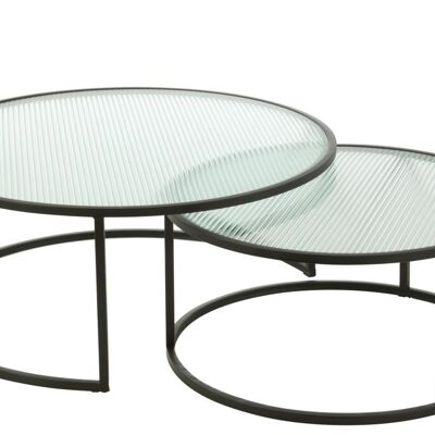 set of 2 coffee table round metal/glass black