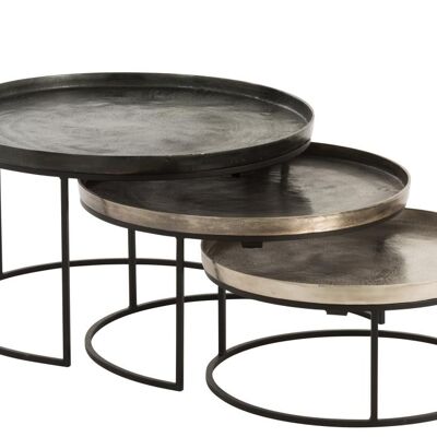 set de 3 mesa auxiliar redonda aluminio negro/mix