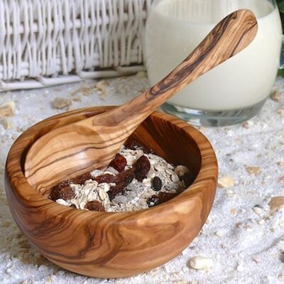 Bol à muesli avec cuillère à soupe en bois d'olivier, diamètre environ 14 cm