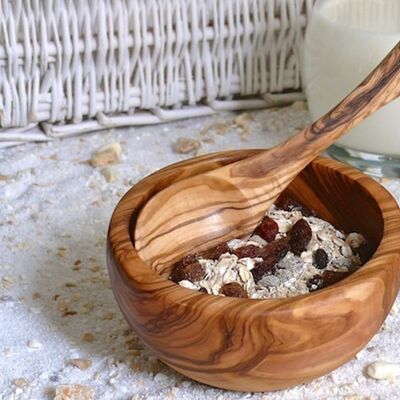 Muesli bowl including tablespoon made of olive wood, diameter approx. 14 cm