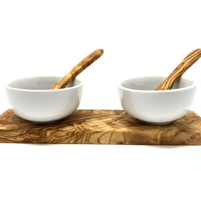 Juego de 2 cuencos de porcelana redondos (Ø 8,5 cm) incl.2 cucharas en madera de olivo